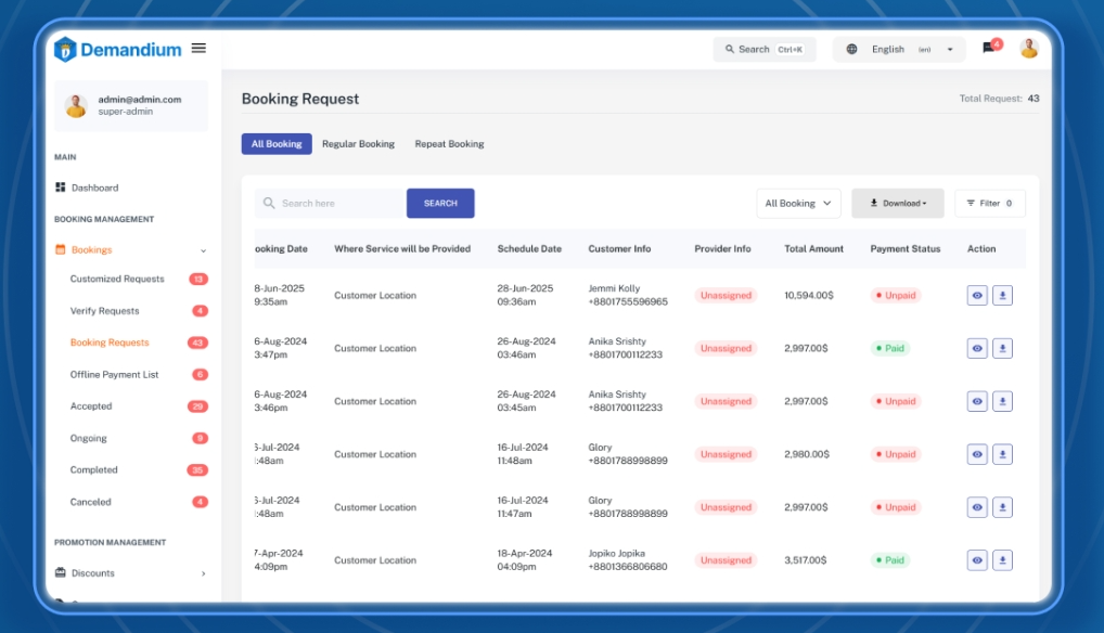 Service Booking Screen